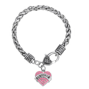 Survivor Pink Ribbon Crystal Heart Charm Bracelet